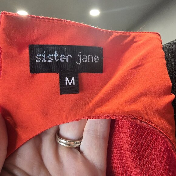 Sister Jane Poppy Dress Red Jacquard Mini Short Puff Sleeves Heart Back Medium - Picture 5 of 12